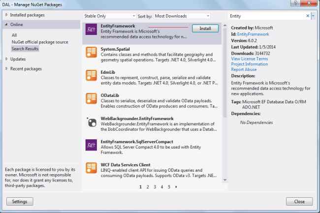 install entityframwork